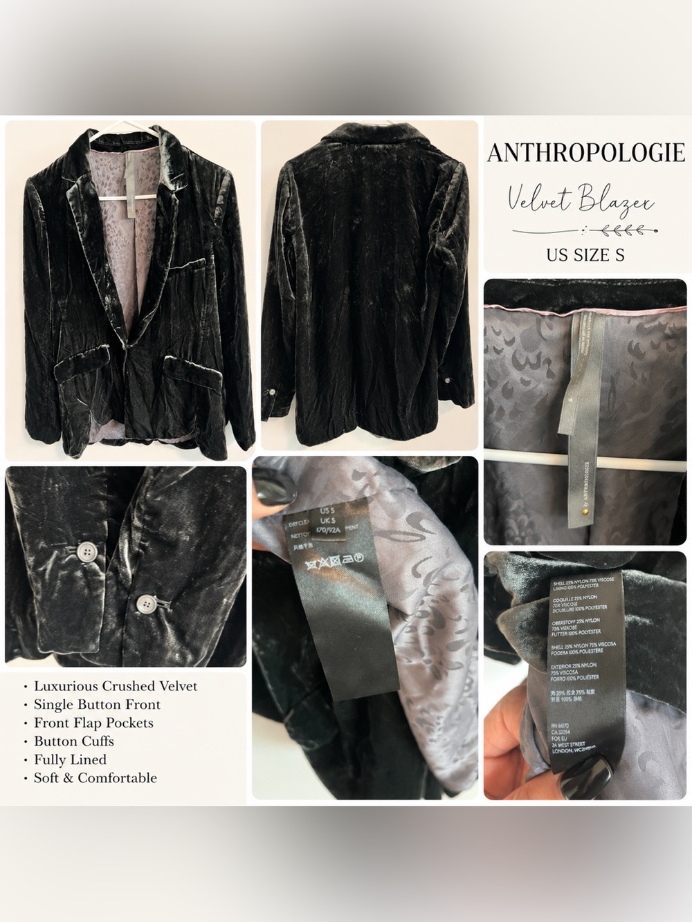 Anthropologie Alessia Velvet Blazer Jacket Womens S Emerald Green Crushed Velvet